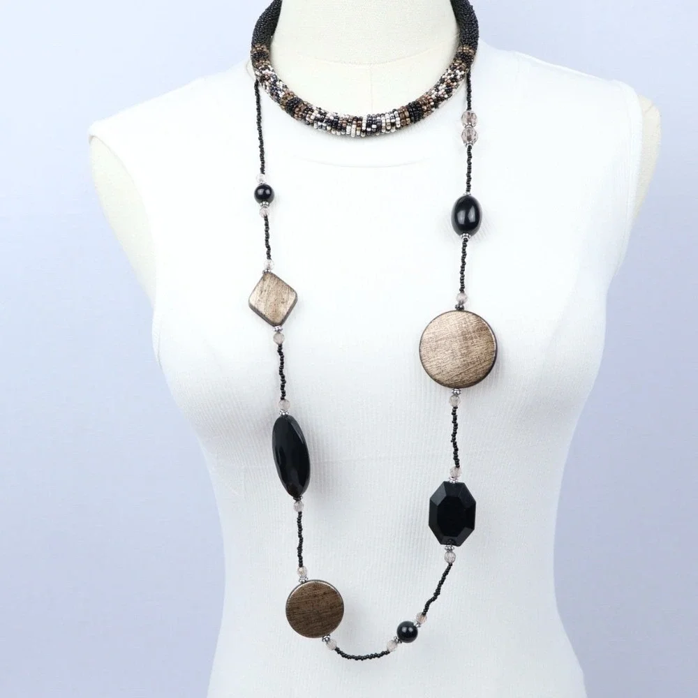 Boho Tribal Style Ethnic Wood Statement Chunky Jewelry Lot (16) Black Brown - Picture 3 of 12
